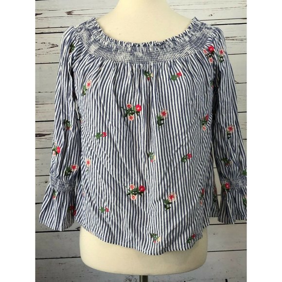 Miss Me‎ Off the Shoulder Denim Blouse Medium Embroidered Sexy Top Striped Shirt - Picture 1 of 8